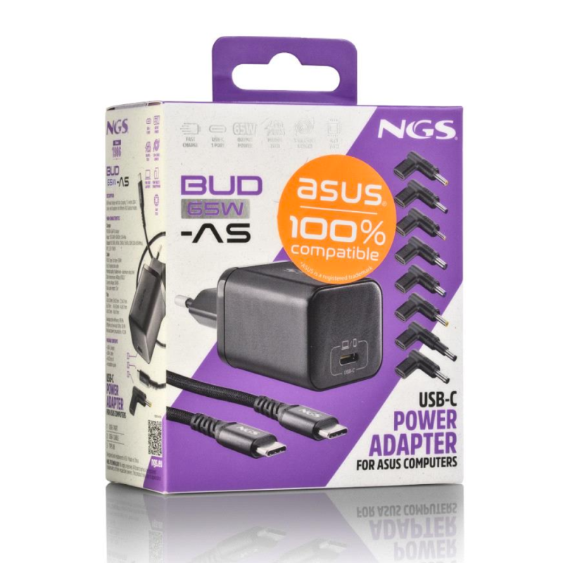 Chargeur GAN 65W avec Cable 1,5M USB-C et 8 Embouts Ordinateur Portable ASUS NGS BUD 65W-AS - Noir — NGS · Smarty Paris 18e